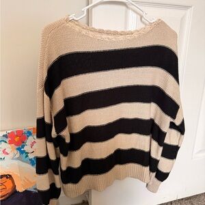 LOFT Beige and Black Striped Crewneck Sweater